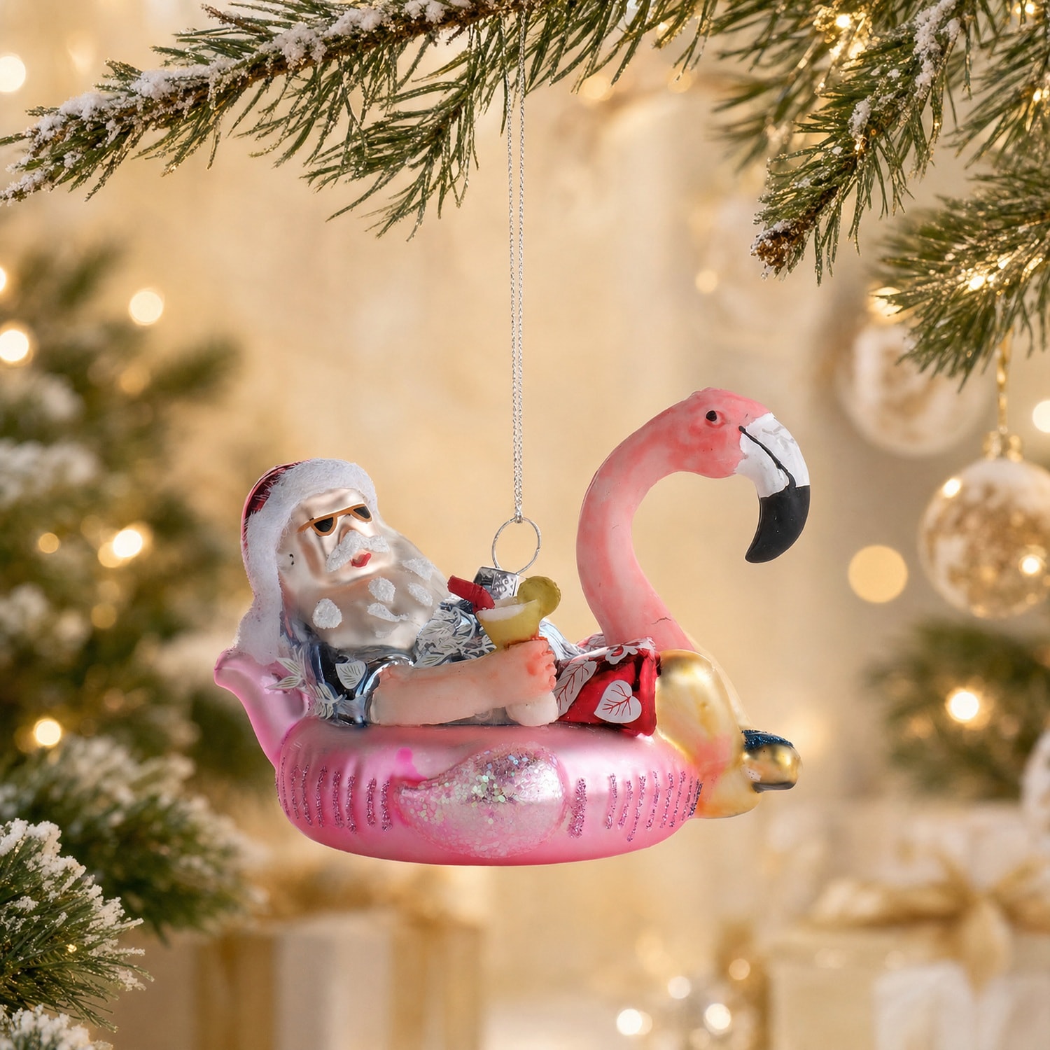 TH Noel Baba Flamingo Pembe Figür Ağaç Süsü 1