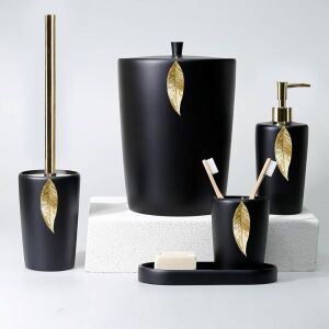 Leaf Banyo Seti Siyah-Altın - TepeHome