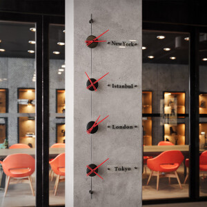 Worldclock4 Siyah Kırmızı Duvar Saati - TepeHome